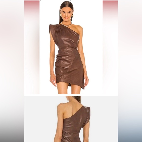 Lamarque X Revorve corey mini dress tan leather brown one shoulder size M - Picture 14 of 16